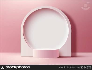 3D realistic modern style empty pink podium stand with pink circle backdrop on pink background and natural lighting. You can use for beauty cosmetic presentation, showcase mockup, showroom, product stand promotion, etc. Vector illustration