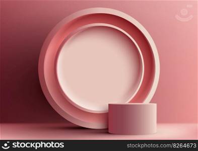 3D realistic modern style empty pink podium stand with pink circle backdrop on pink background and natural lighting. You can use for beauty cosmetic presentation, showcase mockup, showroom, product stand promotion, etc. Vector illustration