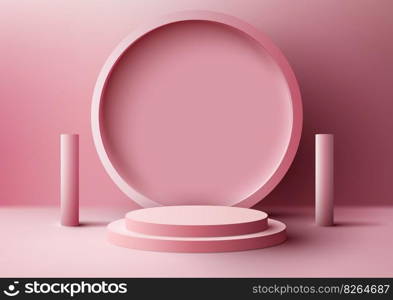 3D realistic modern style empty pink podium stand with pink circle backdrop and geometric elements on pink background and natural lighting. You can use for beauty cosmetic presentation, showcase mockup, showroom, product stand promotion, etc. Vector illustration