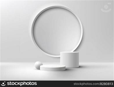 3D realistic modern style empty white podium platform decoration with white ball and circle wall scene background. You can use for beauty cosmetic presentation, showcase mockup, showroom, product stand promotion, etc. Vector illustration