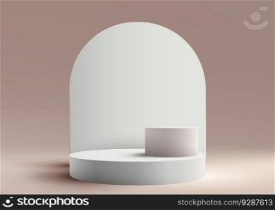 3D realistic modern style white podium with white rounded geometric backdrop on beige background. You can use for product display presentation mockup, beauty cosmetic, showcase, etc. Vector illustration