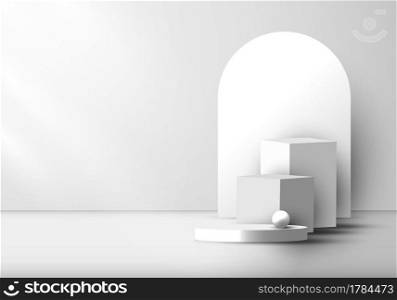 3D realistic modern white and gray geometric pedestal podium with rounded backdrop. Minimal wall scene mockup for product display presentation, etc. Vector illustration