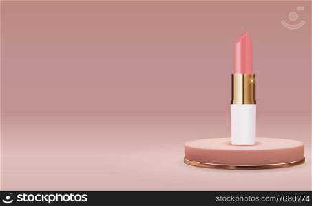 3D Realistic Natural Lipstick on Pink Podium Design Template of Fashion Cosmetics Product for Ads, flyer or Magazine Background. Vector Iillustration EPS10. 3D Realistic Natural Lipstick on Pink Podium Design Template of Fashion Cosmetics Product for Ads, flyer or Magazine Background. Vector Iillustration