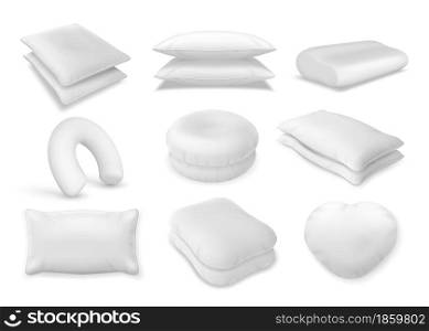 3d realistic neck pillow and sofa cushion mockup. Fluffy bolster pile, heart beanbag top view. Soft orthopedic and travel pillows vector set. Round, rectangular and heart shape for comfort and decor