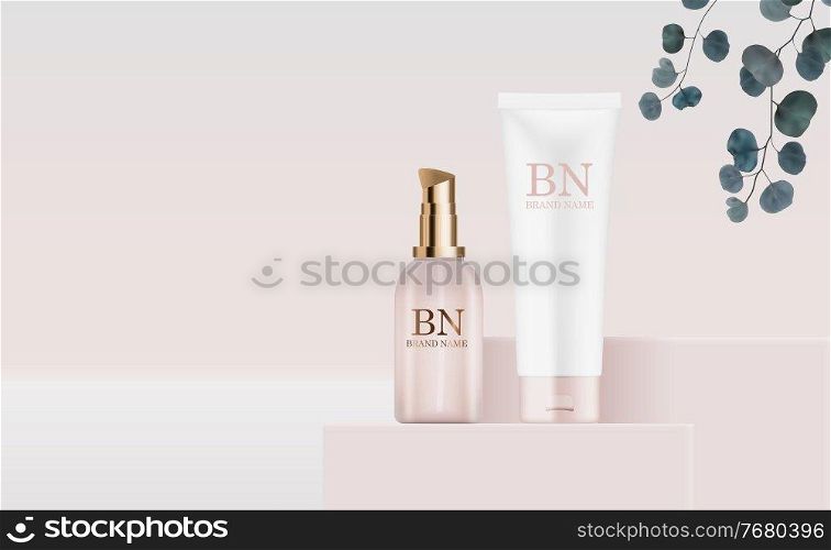 3D Realistic Pastel Cream Bottles on pedestal Background and eucalyptus leaves. Design Template of Fashion Cosmetics Product for Ads, flyer or Magazine Background. Vector Illustration EPS10. 3D Realistic Pastel Cream Bottles on pedestal Background and eucalyptus leaves. Design Template of Fashion Cosmetics Product for Ads, flyer or Magazine Background. Vector Illustration