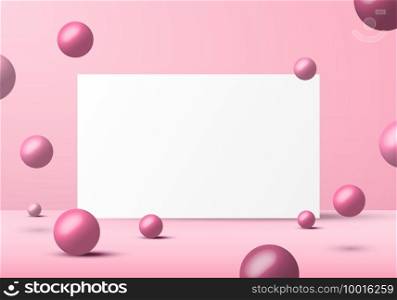 3D realistic pink balls spheres shapes with white backdrop background space for your text. You can use for banner web, poster, print ad, placard, etc. Vector illustration