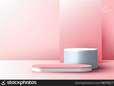3D realistic pink display minimal scene background with rectangle backdrop on podium pedestal stage showcase for product cosmetic beauty. Vector illustration
