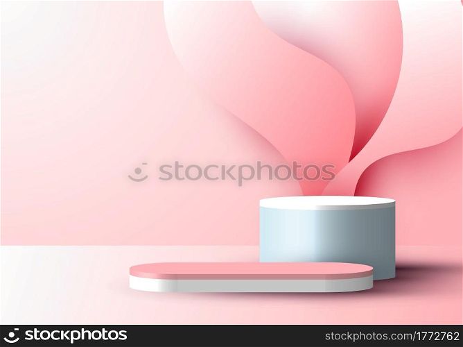 3D realistic pink display product minimal scene background liquid splash swirl paper cut on podium pedestal platform for cosmetic beauty. Vector illustration