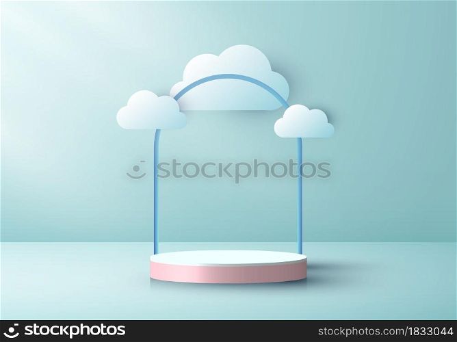 3D realistic pink podium pedestal cylinder with cloud paper cut style on green mint color stage background. You can use for award ceremony, product presentation, etc. Vector illustration