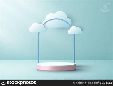 3D realistic pink podium pedestal cylinder with cloud paper cut style on green mint color stage background. You can use for award ceremony, product presentation, etc. Vector illustration