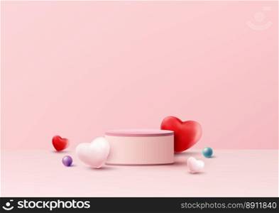 3D realistic pink podium platform pedestal stand decoration with red and pink heart shape symbol on pink background. Valentine day for product display mockup showcase. Promotion sale. Vector illustration