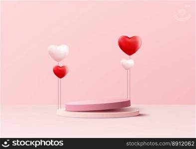 3D realistic pink podium platform pedestal stand decoration with red and pink balloon heart shape symbol on pink background. Valentine day for product display mockup showcase. Promotion sale. Vector illustration