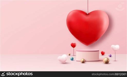 3D realistic pink podium platform pedestal stand decoration with red, pink heart shape ballon and sphere balls symbol on pink background. Valentine day for product display mockup showcase. Promotion sale. Vector illustration