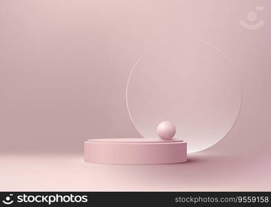 3D realistic pink podium with a glass ball on top is a minimalist mockup that can be used for product display, branding, or marketing purposes. Vector illustration