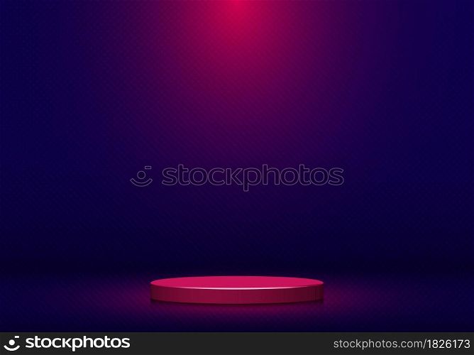 3d realistic pink round shape pedestal with spotlight on blue studio room background and texture. Stage display podium for product advertising. Vector illustration