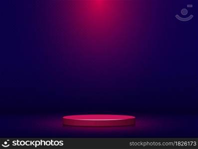 3d realistic pink round shape pedestal with spotlight on blue studio room background and texture. Stage display podium for product advertising. Vector illustration