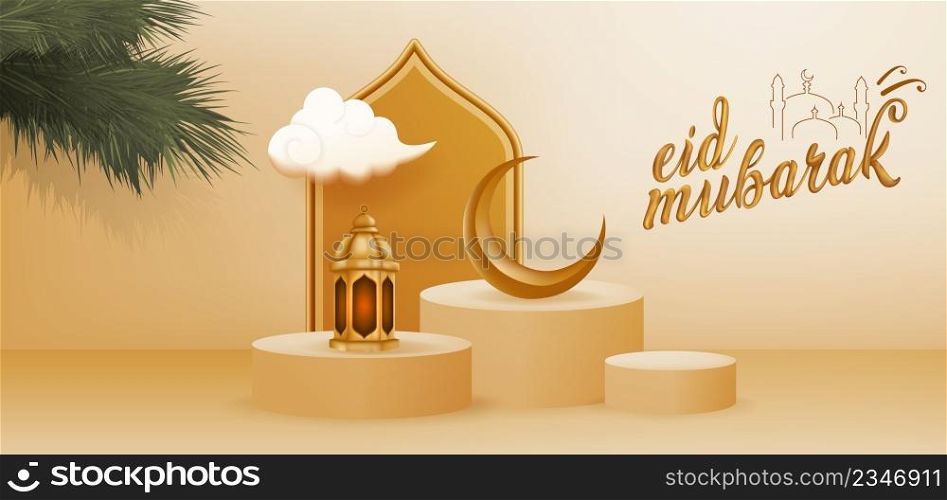 3D Realistic Podium Eid Mubarak Greetings Vector Illustration