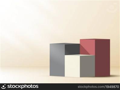 3D realistic podium platforms with light and shadow on beige background. Vector graphic illustration