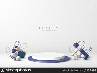 3D realistic product display white and blue podium with geometric decoration on clean background minimal style. Geometric platform design. You can use for product display, presentation cosmetic, etc. Vector graphic illustration