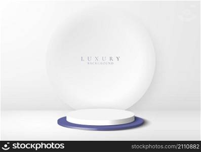 3D realistic product display white and blue podium with white circle backdrop on clean background minimal style. Geometric platform design. You can use for product display, presentation cosmetic, etc. Vector graphic illustration