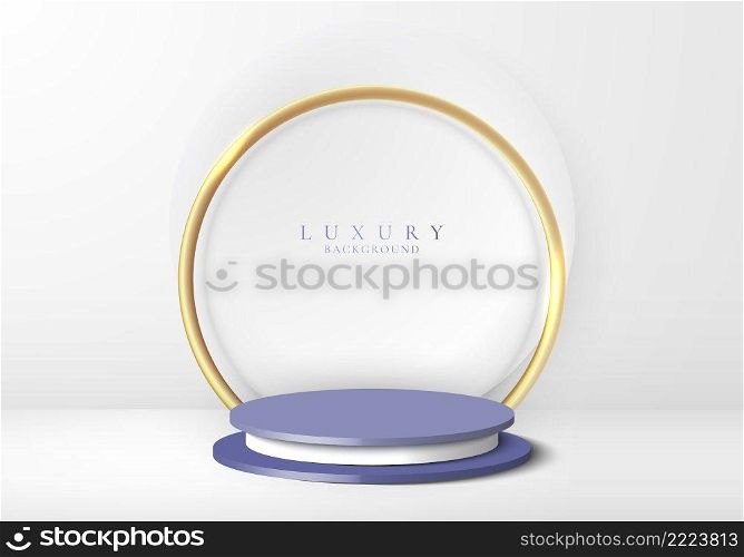 3D realistic product display white and blue podium with white, golden circle backdrop on clean background minimal style. Geometric platform design. You can use for product display, presentation cosmetic, etc. Vector graphic illustration