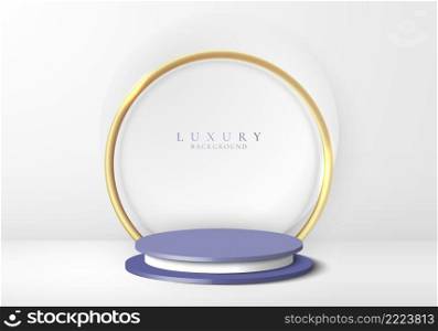 3D realistic product display white and blue podium with white, golden circle backdrop on clean background minimal style. Geometric platform design. You can use for product display, presentation cosmetic, etc. Vector graphic illustration