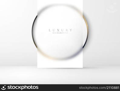 3D realistic product display white and golden circle glass tranperency backdrop on clean background minimal style. Geometric platform design. You can use for product display, presentation cosmetic, etc. Vector graphic illustration