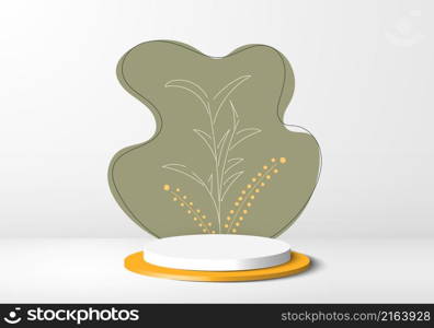 3D realistic product display white and yellow podium with green leaves hand drawn backdrop on clean background minimal style. You can use for product display, presentation cosmetic, etc. Vector graphic illustration