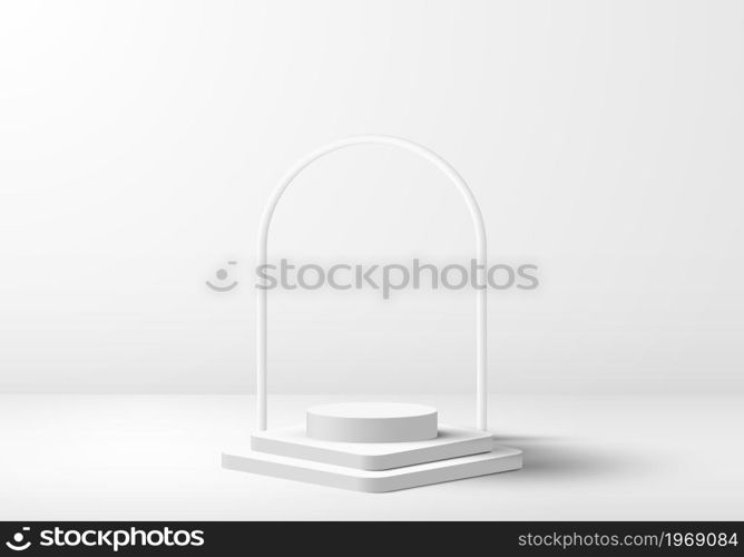 3D realistic product display white podium on clean background minimal style. Geometric platform design. You can use for product display, presentation cosmetic, etc. Vector graphic illustration