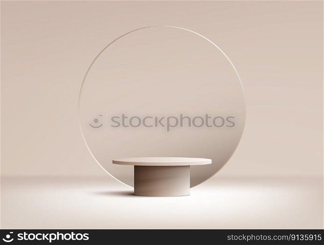 3D realistic products display beige podium pedestal stand or table furniture with transparency circle glass backdrop minimal wall scene on brown background. You can use for product presentation, cosmetic display mockup, showcase, media banner, etc. Vector illustration