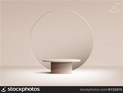 3D realistic products display beige podium pedestal stand or table furniture with transparency circle glass backdrop minimal wall scene on brown background. You can use for product presentation, cosmetic display mockup, showcase, media banner, etc. Vector illustration