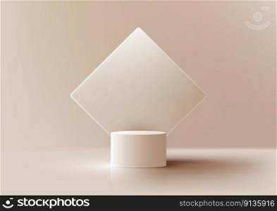 3D realistic products display beige podium stand pedestal on brown background with square backdrop minimal style. You can use for product presentation, cosmetic display mockup, showcase, etc. Vector illustration