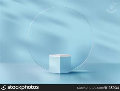 3D realistic products display blue podium cube stand with transparency circle glass backdrop and leaf shadow minimal wall scene on blue background. You can use for product presentation, cosmetic display mockup, showcase, media banner, etc. Vector illustration