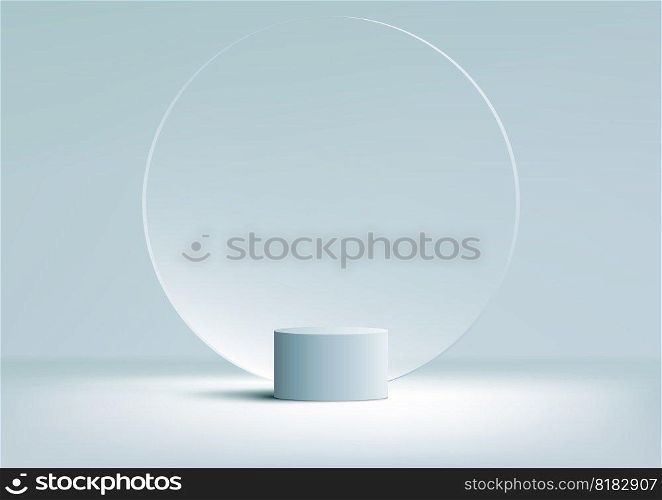 3D realistic products display blue podium pedestal stand with transparency circle glass backdrop minimal wall scene on blue background. You can use for product presentation, cosmetic display mockup, showcase, media banner, etc. Vector illustration