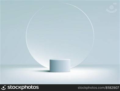 3D realistic products display blue podium pedestal stand with transparency circle glass backdrop minimal wall scene on blue background. You can use for product presentation, cosmetic display mockup, showcase, media banner, etc. Vector illustration