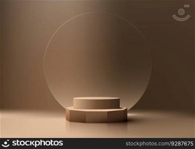 3D realistic products display brown podium pedestal stand with transparent circle glass backdrop minimal wall scene on beige color background. You can use for product presentation, cosmetic display mockup, showcase, media banner, etc. Vector illustration