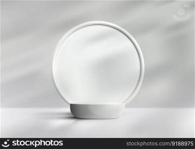 3D realistic products display empty white podium stand with white circle backdrop on clean background leaf shadow light minimal style. You can use for product presentation, beauty cosmetic display mockup, showcase, etc. Vector illustration