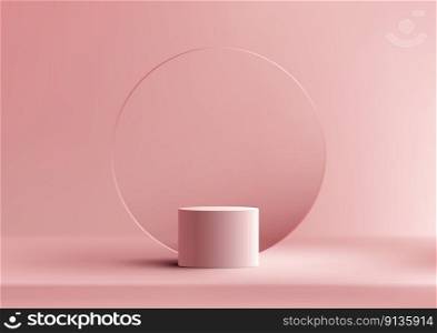 3D realistic products display pink podium pedestal stand with transparency circle glass backdrop minimal wall scene on pink background. You can use for product presentation, cosmetic display mockup, showcase, media banner, etc. Vector illustration