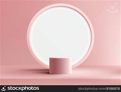 3D realistic products display pink podium pedestal stand with white circle backdrop minimal wall scene on pink background. You can use for product presentation, cosmetic display mockup, showcase, media banner, etc. Vector illustration