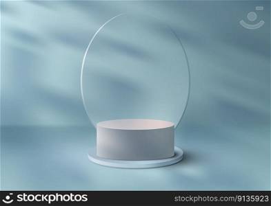 3D realistic products display white and blue podium cylinder stand with transparency oval glass backdrop and leaf shadow minimal wall scene on blue background. You can use for product presentation, cosmetic display mockup, showcase, media banner, etc. Vector illustration