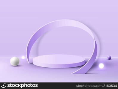 3D realistic purple cylinder podium stand with purple circle whirl decoration light bulb and sphere balls on purple scene background for 8 march international women event. Product display for cosmetic, showroom, showcase, presentation, etc. Vector illustration