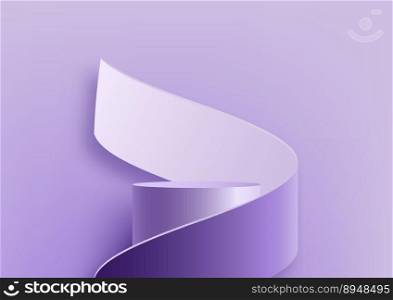 3D realistic purple cylinder podium stand with violet paper swirl flow minimal wall scene soft background. Product display for cosmetic, showroom, showcase, presentation, etc. Vector illustration