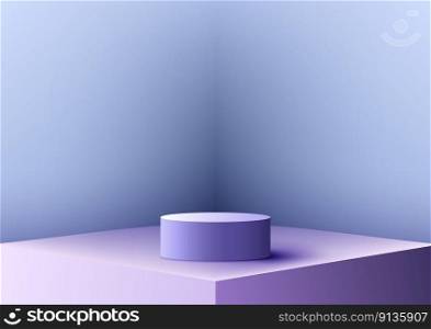 3D realistic purple podium pedestal stand in empty room interior background. You can use for product presentation, beauty cosmetic display mockup, showcase, etc. Vector illustration