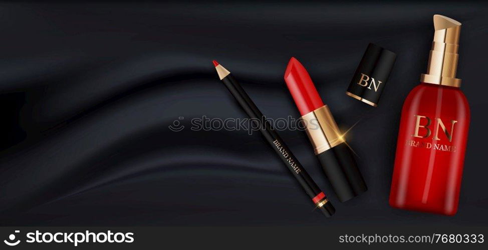 3D Realistic Red Lipstick, Cream Bottle and Pencil on Black Silk Design Template of Fashion Cosmetics Product for Ads, flyer, banner or Magazine Background. Vector Iillustration. EPS10. 3D Realistic Red Lipstick, Cream Bottle and Pencil on Black Silk Design Template of Fashion Cosmetics Product for Ads, flyer, banner or Magazine Background. Vector Iillustration