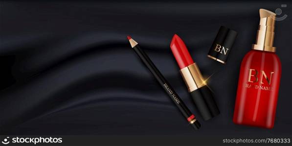 3D Realistic Red Lipstick, Cream Bottle and Pencil on Black Silk Design Template of Fashion Cosmetics Product for Ads, flyer, banner or Magazine Background. Vector Iillustration. EPS10. 3D Realistic Red Lipstick, Cream Bottle and Pencil on Black Silk Design Template of Fashion Cosmetics Product for Ads, flyer, banner or Magazine Background. Vector Iillustration