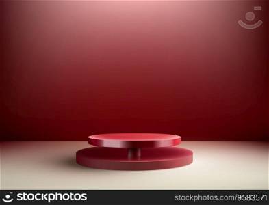 3D realistic red podium stand is placed on a beige floor with a red wall background. It is perfect for use as a mockup for product display or as an illustration for a modern luxury concept. Vector illustration