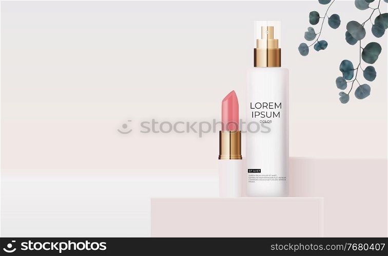3D Realistic rose Pastel Cream Bottle and lipstick with eucalyptus leaves. Design Template of Fashion Cosmetics Product for Ads, flyer or Magazine Background. Vector Illustration EPS10. 3D Realistic rose Pastel Cream Bottle and lipstick with eucalyptus leaves. Design Template of Fashion Cosmetics Product for Ads, flyer or Magazine Background. Vector Illustration