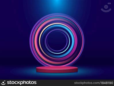 3D realistic shiny pink cylinder pedestal shape with spotlight on blue studio room background with colorful neon lighting circles backdrop. Stage display podium for product presentation advertising. Vector illustration