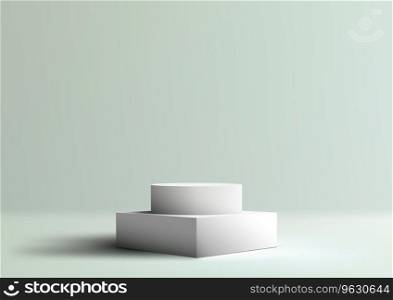 3D realistic showcasing on a clean white podium stand, elegantly placed in a soft green studio room background. With its minimalistic approach and creative use of space. vector illustration 