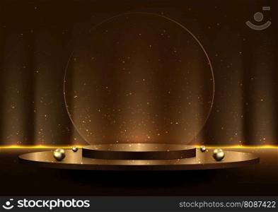 3D realistic stage award ceremony gold podium platform with transparent glass circle backdrop decoration illuminated spotlights and golden balls glitter on black background. Product display for cosmetic, showroom, showcase, presentation, etc. Vector illustration
